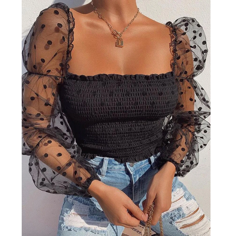 Женские топы с квадратным воротником принтом в горошек кружевная футболка