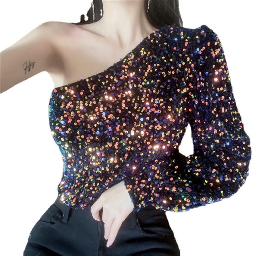 Женская футболка на одно плечо с блестками | одежда