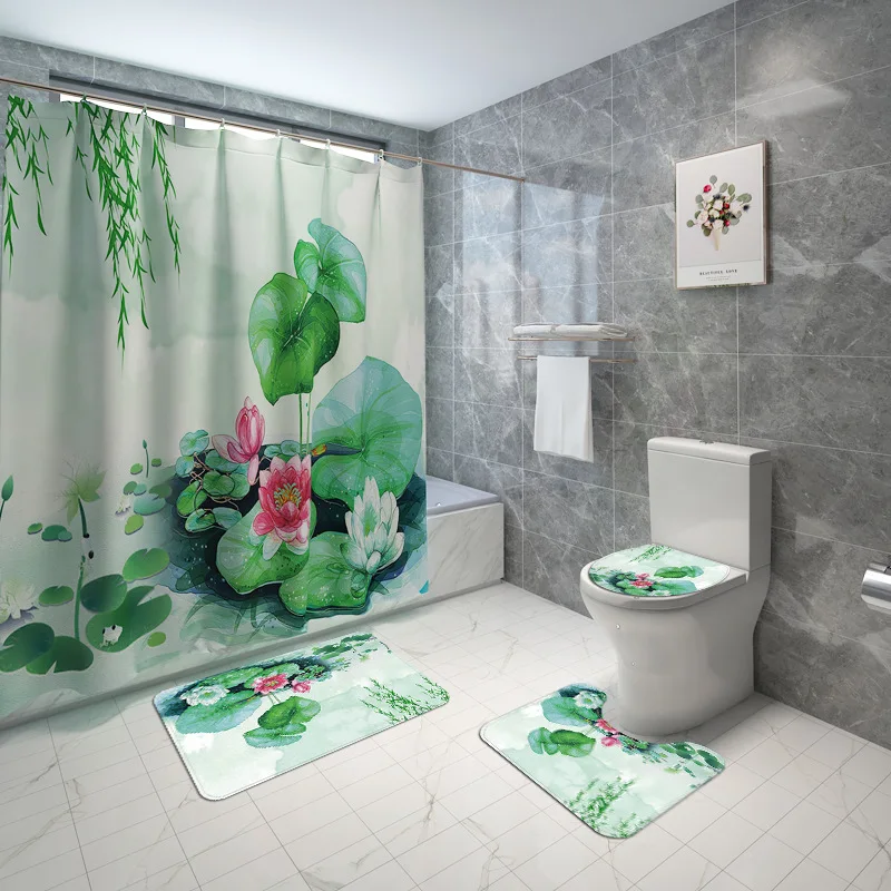 

Scenic Printed Carpet Mat for Washroom Bath Mat and Shower Curtain Set Toilet Seat Cover Rug Washable and Absorbent Bath Carpet
