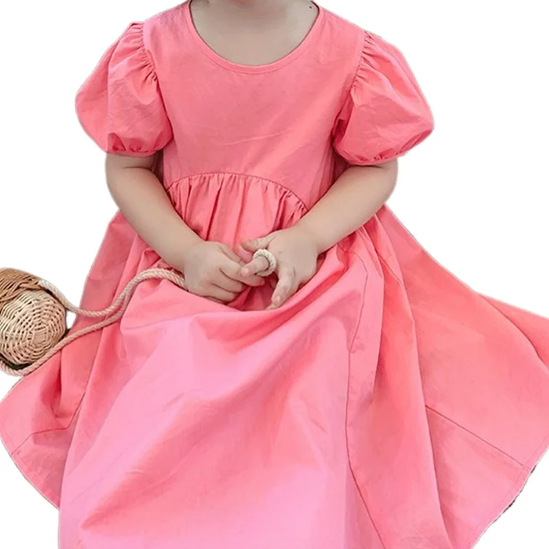 

Girls Solid Color Pink Bubble Sleeve Round Neck Sweet Dresses Princess 2021 Summer Kids New Short Sleeve Cotton Fashion Dress