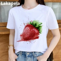 cartoon strawberry cute fashion print t shirt top women summer harajuku t shirt tops base o neckwhite tee lnteresting girl goth