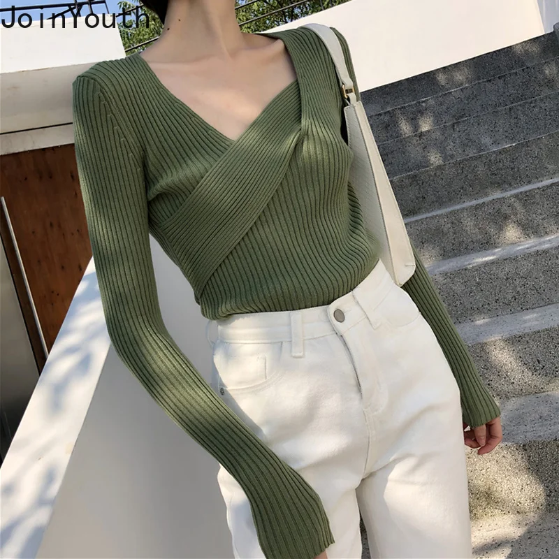 

Корейский Однотонный свитер с V-образным вырезом и длинным рукавом, Облегающая рубашка, Женский Осенний эластичный вязаный Топ, повседневны...