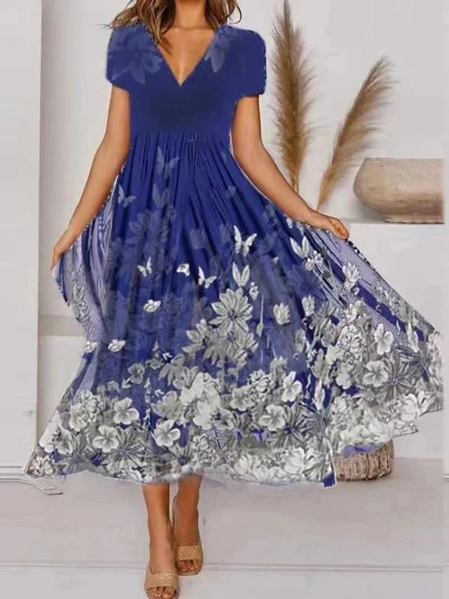 

Женское вечернее платье-миди с коротким рукавом, синее длинное платье Вечерние Туника составного кроя с v-образным вырезом, пышной юбкой и ц...