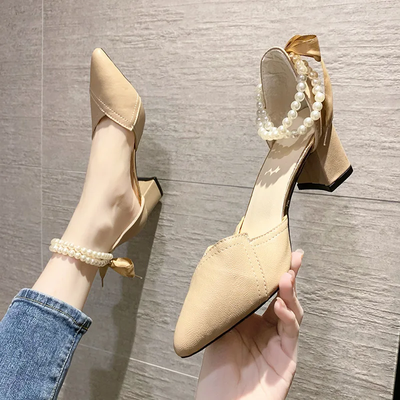 

Sandals Straps Shoes Closed Toe Block Heels 2021 Women's Med Two Weare Suit Female Beige Chunky New Pointed Girls Comfort Mediu