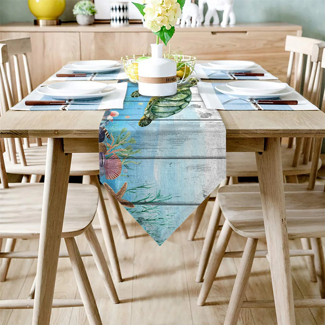 Ocean Turtle Coral Starfish Wood Grain Hotel Family Dinner Table Flag Kitchen Decoration Runner | Дом и сад