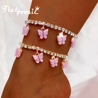 flatfoosie new fashion butterfly anklets for women gold silver color bling crystal chain adjustable anklet summer foot jewelry
