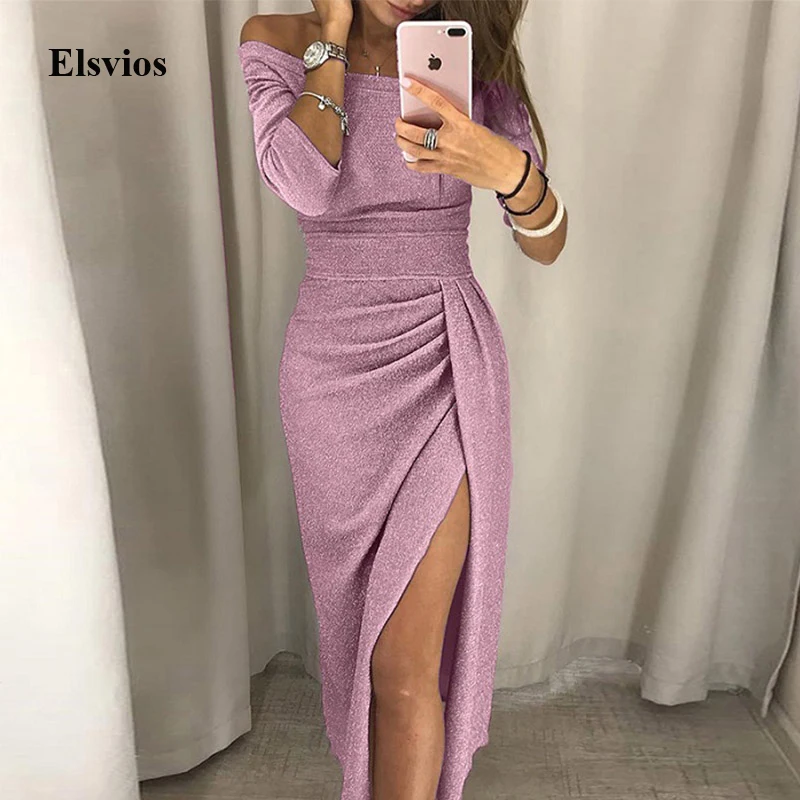 Сексуальное женское вечернее платье Elsvios с высоким разрезом Осеннее шелковое