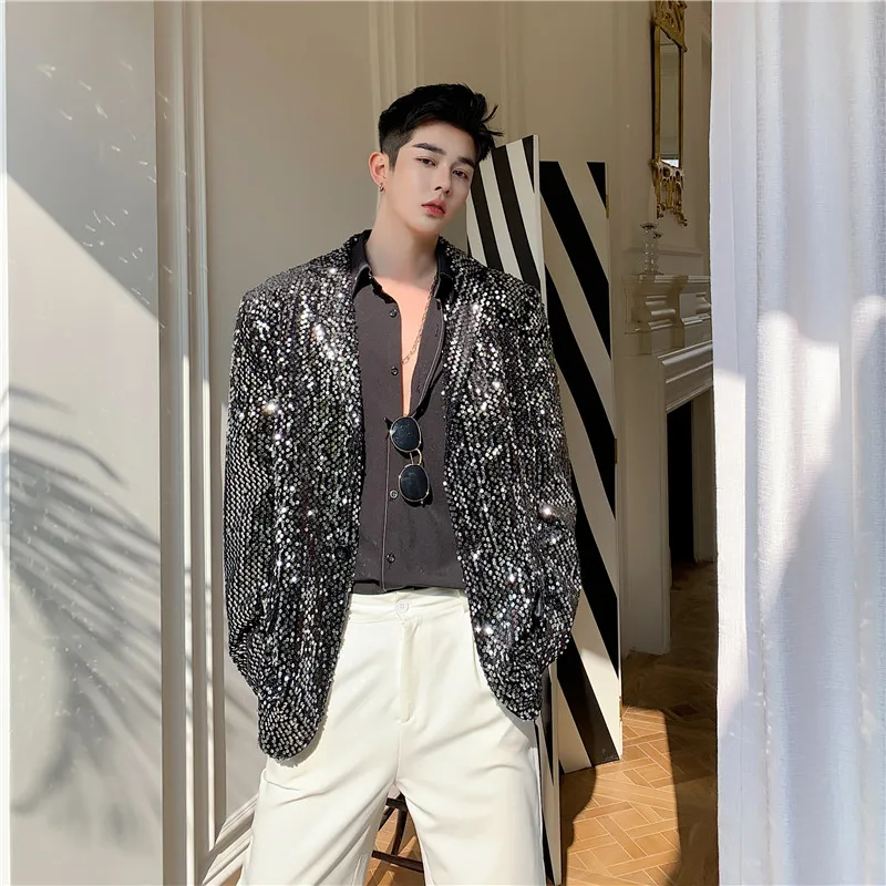

BF Stylish Fashion Full Sequins Glitter Blazers Chic Jacket Glitter Man Music Festival Show Costumes Stage Drum Guitar Preppy