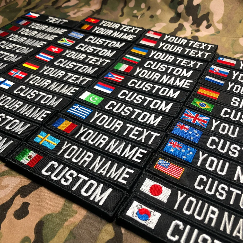 

Black Flag Patch Custom Name Tape Hook and Loop Embroidery Spain Israel France Germany Belgium United Kingdom Australia