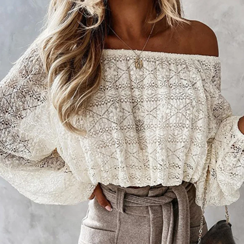 

2021 Autumn New Fashion Blouses Shirts Elegant Off Shoulder Elastic Waist Slim Tops Women Lace Hollow Out Lantern Sleeve Blusas