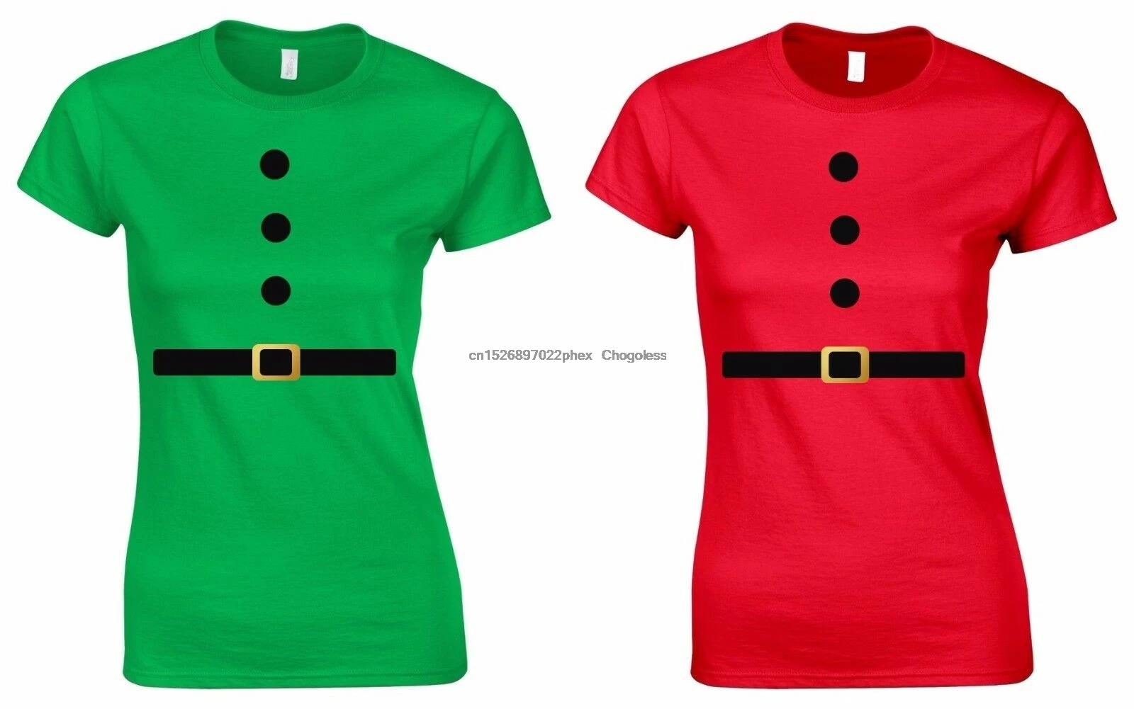 Женская футболка 8-16 с принтом зелёного эльфа и красного Санты |