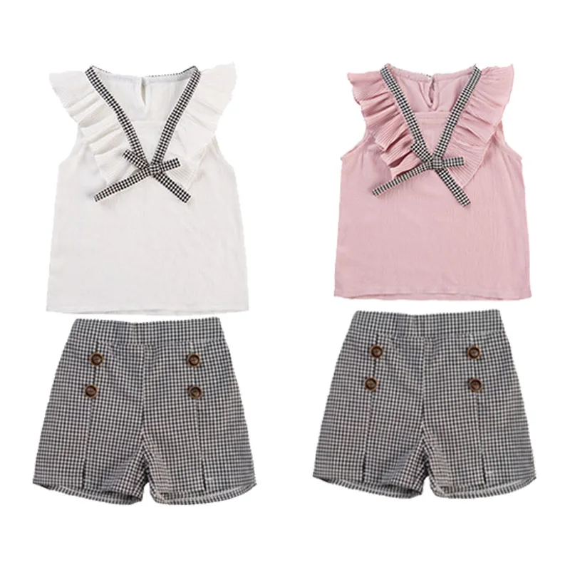 Комплект летней одежды для девочек шифоновый топ без рукавов + шорты с высокой
