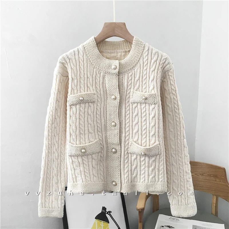 JMPRS Cardigans Women Sweater Fashion Pearl Buttons O Neck Twisted Knitted Short Jackets Pockets Korean Warm Winter Thick Tops |