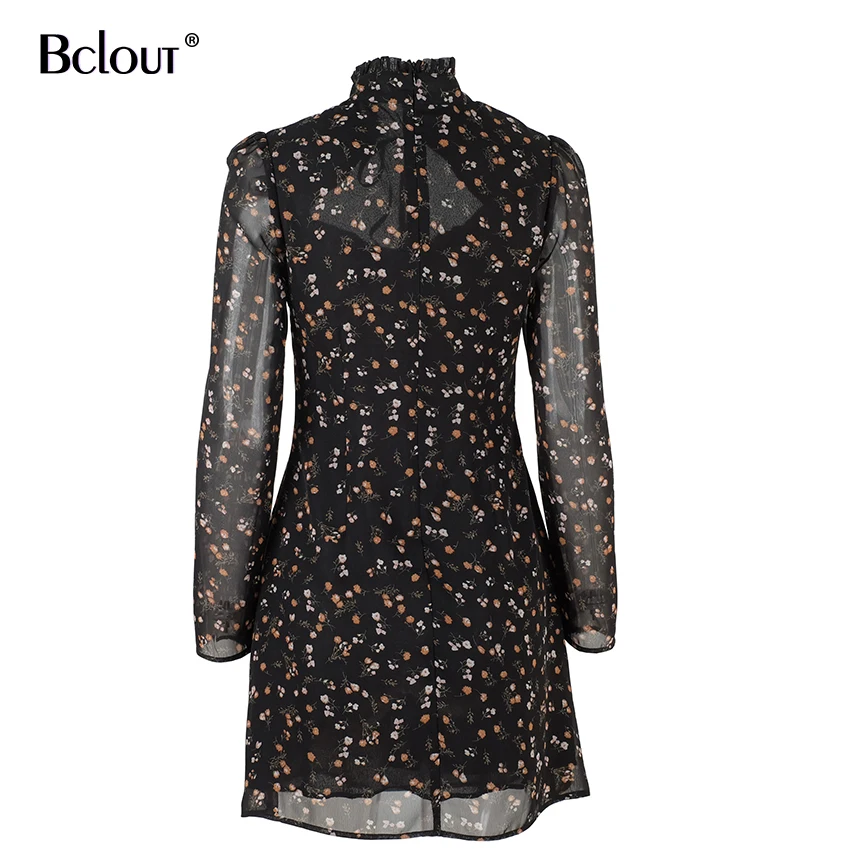 Винтажное Черное Осеннее женское шифоновое платье с длинным рукавом лямкой на