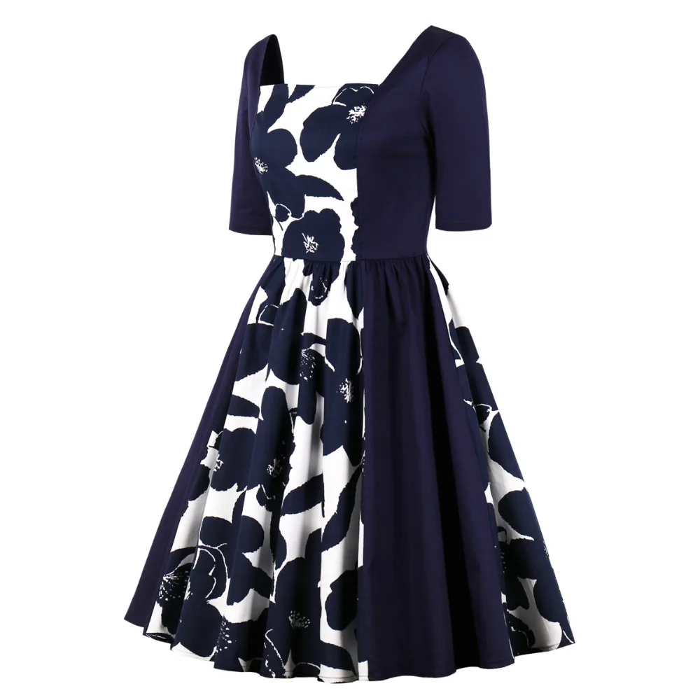 Темно синее винтажное Повседневное платье 50 s рождественское с цветочным принтом