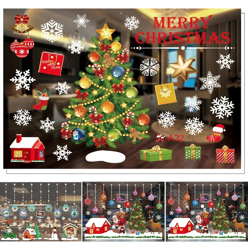 

2Pcs Christmas Window Stickers Christmas Decorations Hanging Ball Snowman Elk Snowflake Colored Christmas Wall Stickers New Year