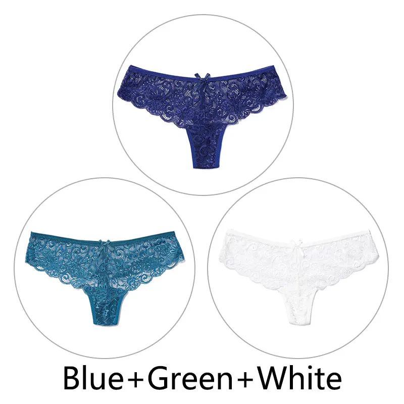 Blue Green White 3 шт., сексуальные кружевные трусики женские стринги и стринги, открытая низкая талия, нижнее белье, прозрачные танга, женское нижнее белье, дышащее - Цвет: Blue Green White