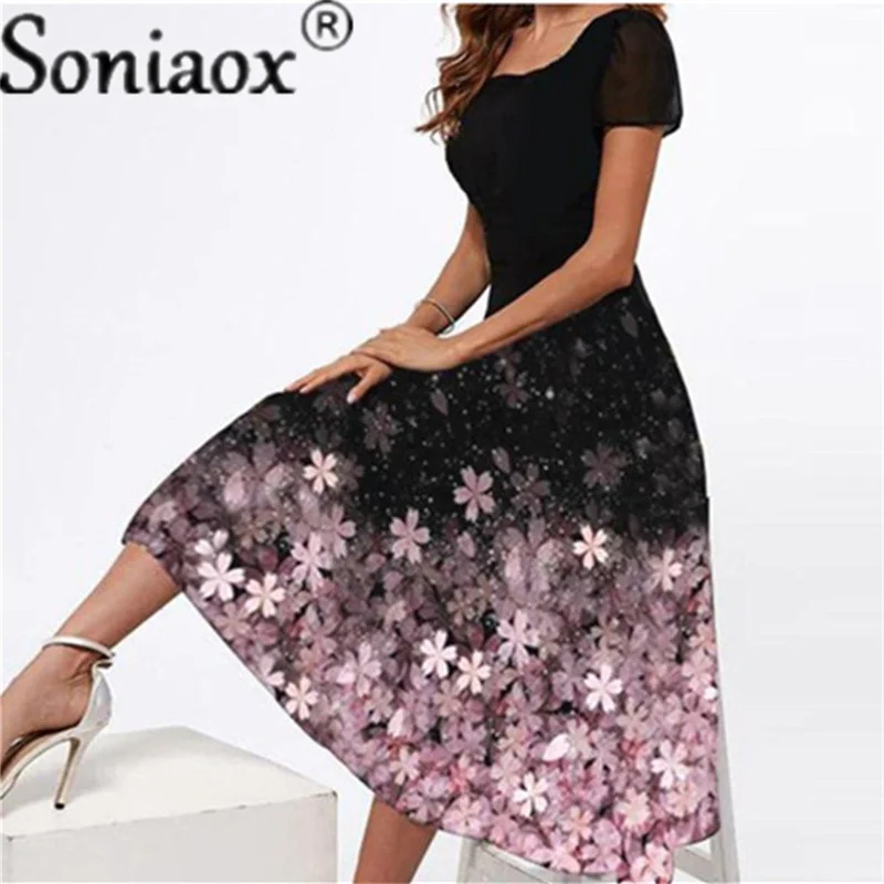 Купи Fashion Floral Print Mid Long Dresses A-Line Women Short Sleeve Square Collar Slim Dress Ladies Office Workwear Robe Femme 2021 за 720 рублей в магазине AliExpress