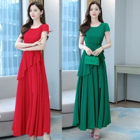 korean fashion dress beach skirt o neck chiffon dress female long slim ankle length dresses bohemian shirring woman clohting