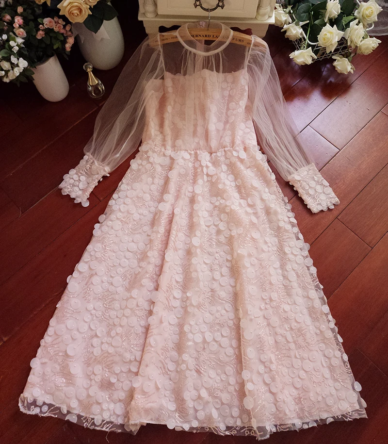 Осеннее женское милое розовое Сетчатое платье с рукавами фонариками женские