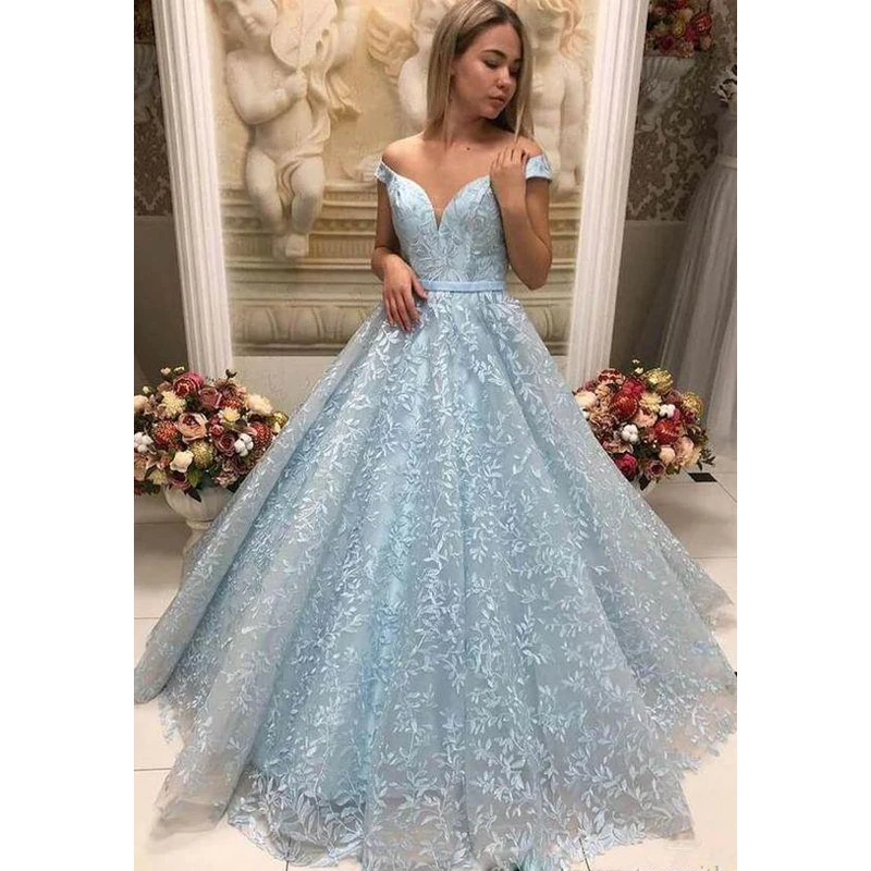 

2022 Chic Blue Off the Shoulder Full Lace Prom Dresses V Neck Sleeveless A Line Party Gowns Floor Length Plus Size Formal Dress