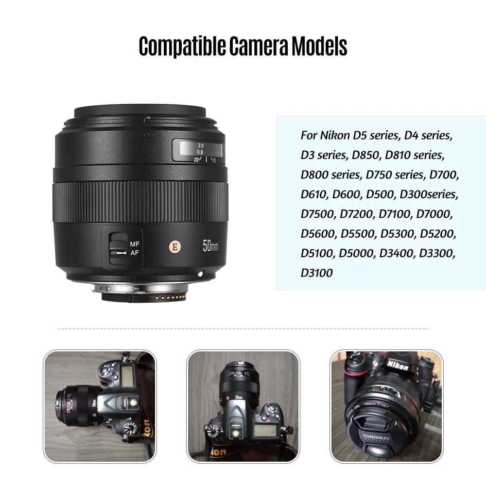 Светодиодная лампа для видеосъемки YONGNUO YN50MM 50 мм F1.4N F1.4 E Стандартный PrimeAuto объектив AF/MF объектив для Nikon D7500 D7200 D7100 D7000 D5600 D5500 D5300 D5200 D5100