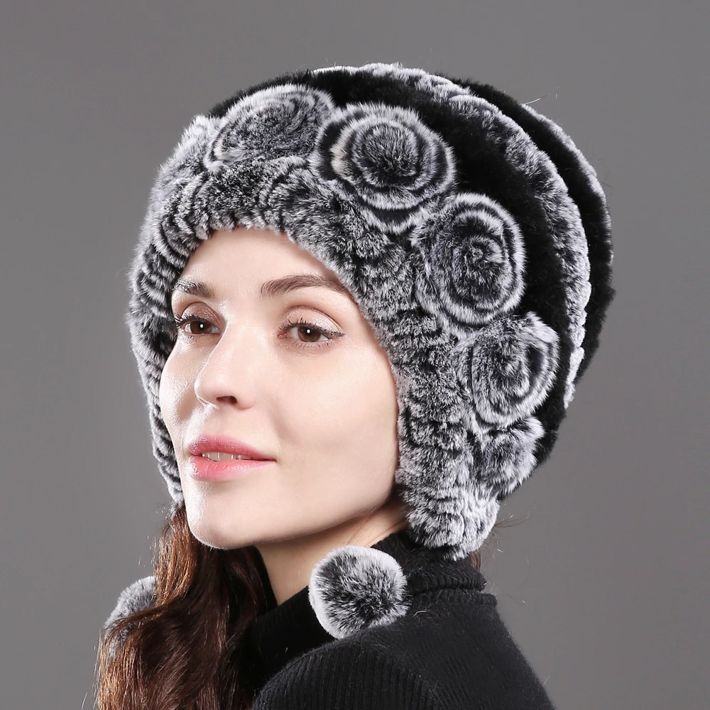 2020 Новый стиль Настоящий мех кролика вязаная шапка в полоску с цветочным принтом