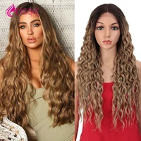classic plus 28 inch long lace wig for women brown ombre colored synthetic wigs pink loose wave middle lace front wig