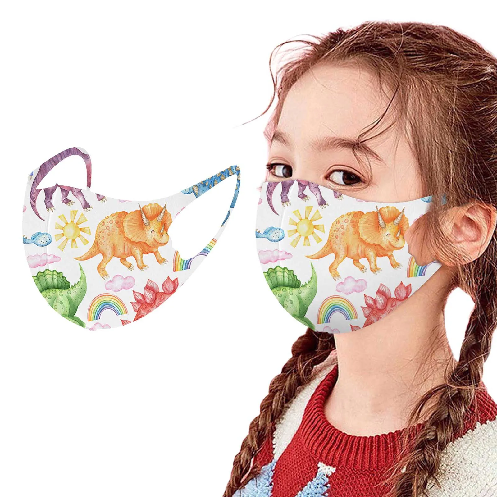 

6 шт. Радужная мультяшная детская маска из вискозной ткани с принтом, эластичные Тканевые Маски для девочек, детские бандажные маски с заушн...