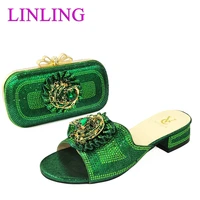 2021 hot selling african new arrival speical narrow band and light style italian design green color ladies shoes and bag set
