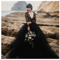 black wedding dresses lace tulle v neck long sleeve boho beach bridal gowns princess elegant bride dressses custom size