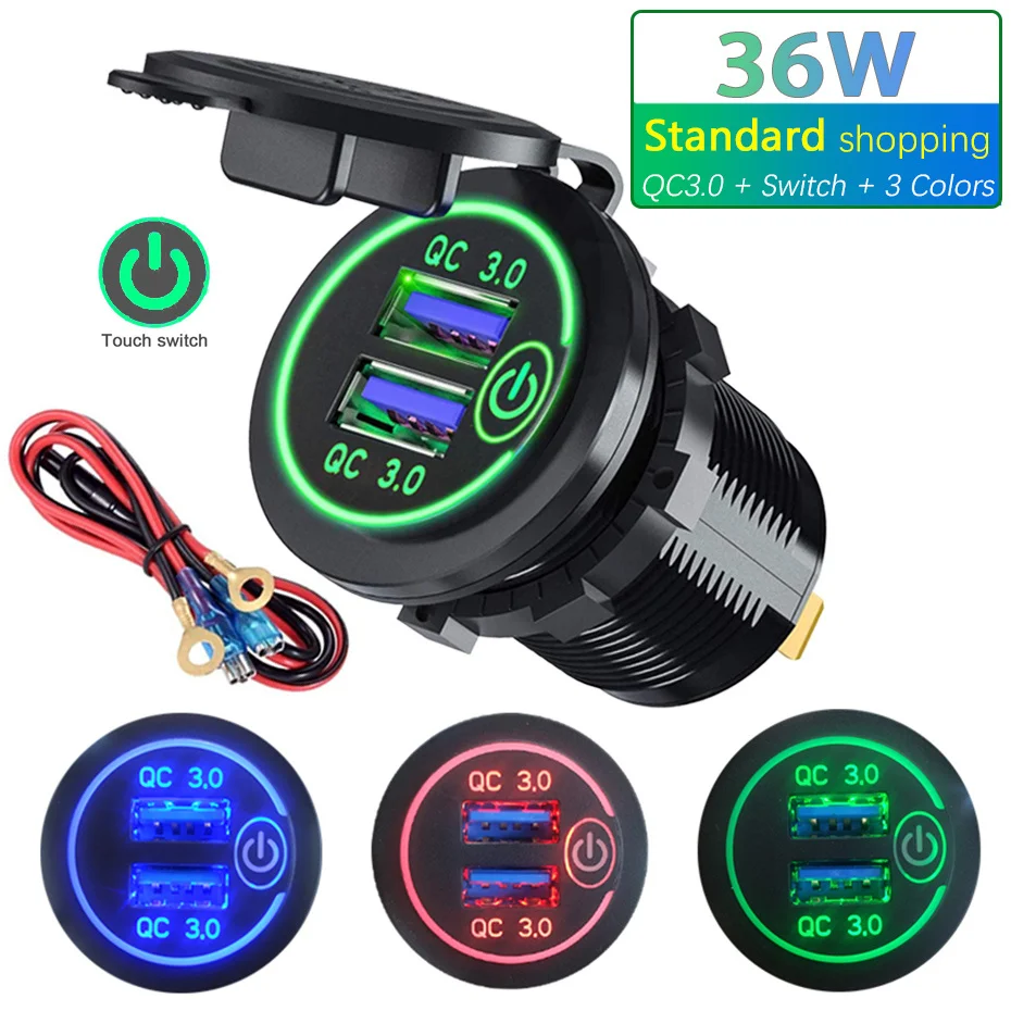 

36W QC 3.0 Touch Switch Waterproof Universal Motorcycle Car Truck Boat Dual USB Charger Socket For Phone Tablet Camera GPS DVR
