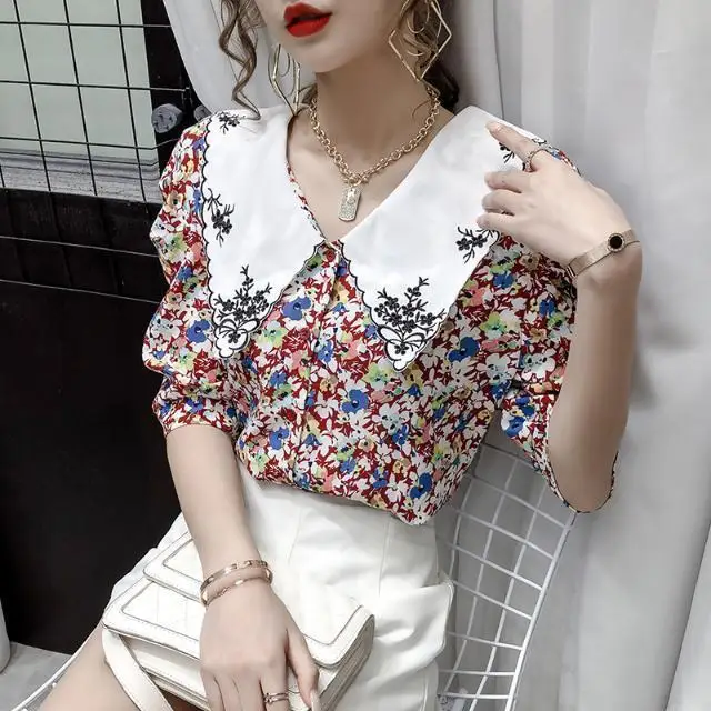 

Chiffon shirt women's 2021 summer new baby collar small floral short sleeve top fashion foreign style small shirt