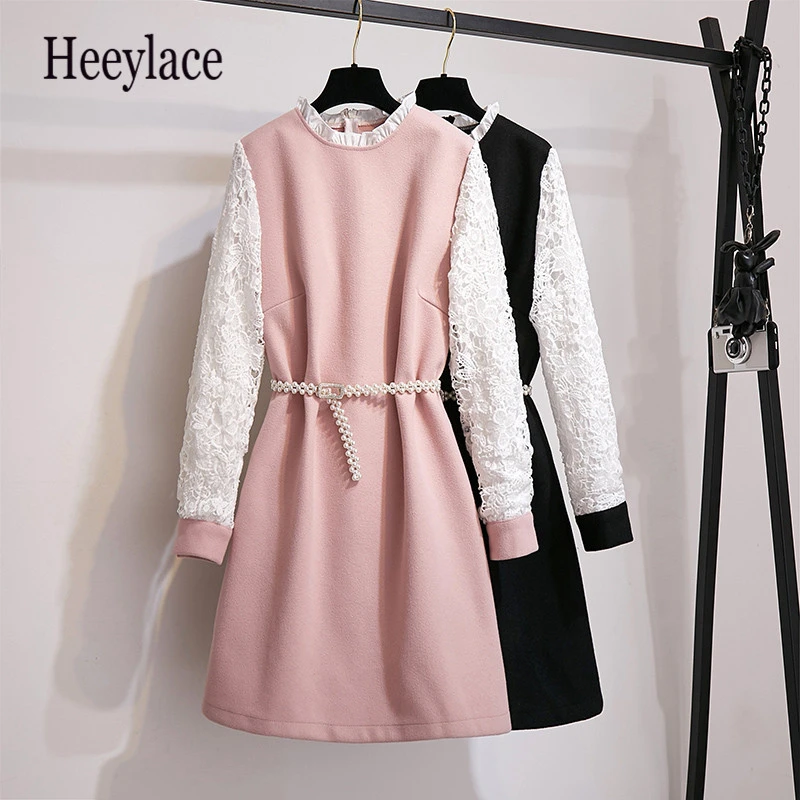 Женские зимние офисные шерстяные платья больших размеров модные Ажурные