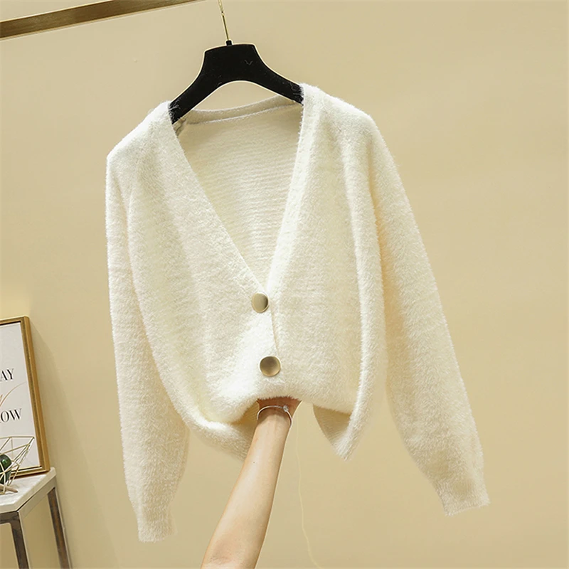 Женский кардиган осень 2019 Пушистый черный вязаный свитер уличная винтажная