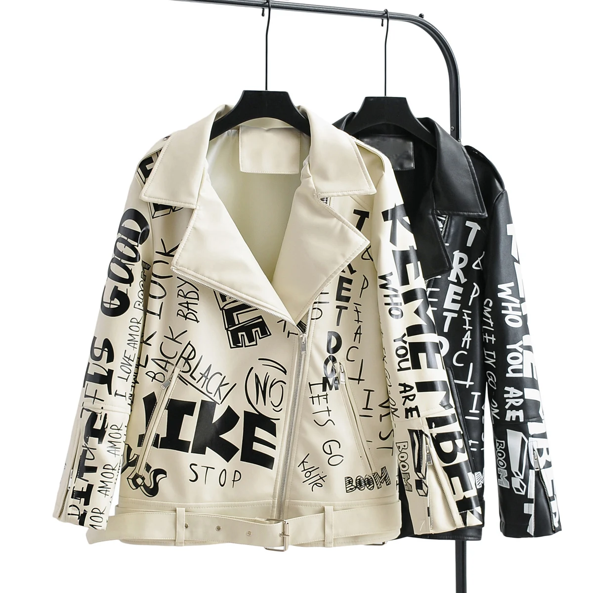 

New Women Retro Letter Print Winter Loose Faux Soft Leather Jacket Coat Turndown Collar Pu Moto Biker Beige Black Punk Outerwear