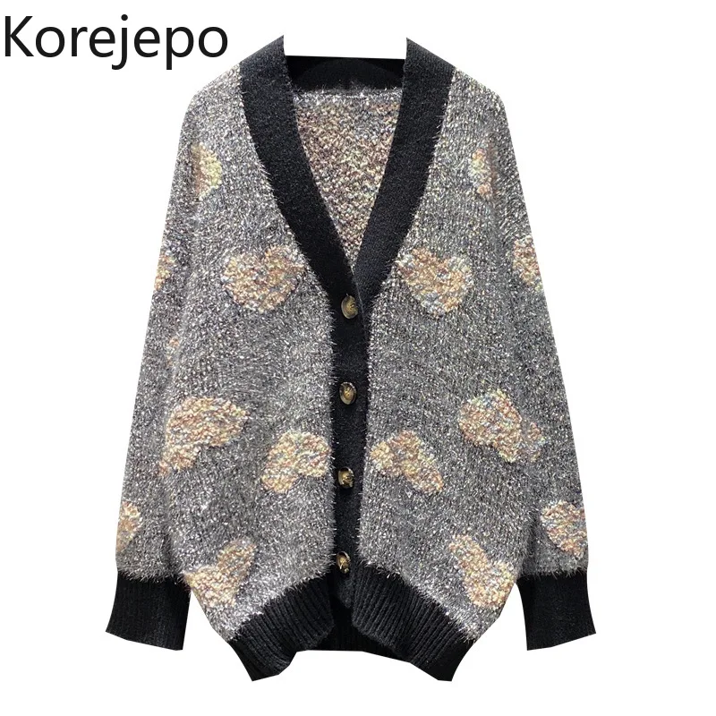 

Korejepo Women Furry Bright Silk Love Printed Sweater Cardigan 2021 Autumn and Winter New Loose V-neck Female Knitted Jacket Top