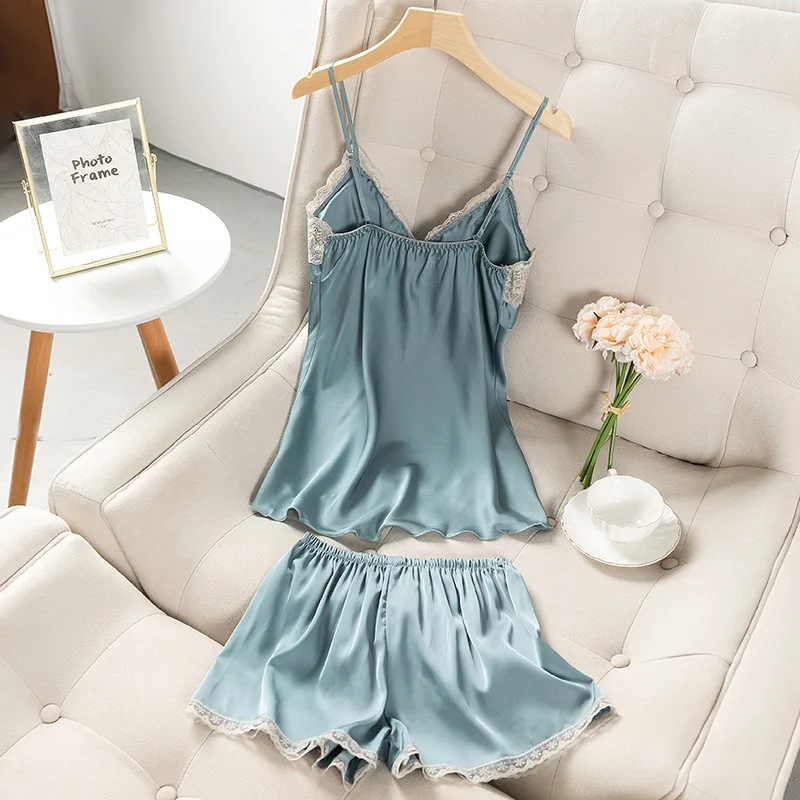 

Pajamas Set Women Summer Satin Sleepwear Sleeveless Sleep Set Silky Soft Sexy Lace Trim 2PCS Strap Top&Shorts Loose Pijamas