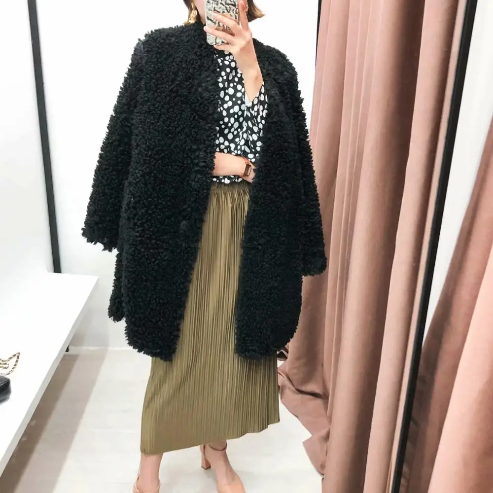 Женское флисовое пальто ZA свободная однобортная Повседневная теплая куртка с