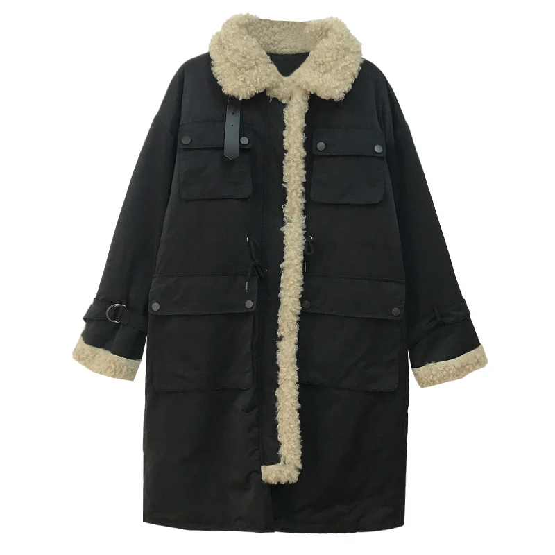 

Women's Winter Warm Coat Streetwear Long Lambswool Cotton Large Fur Collar Padded Lamb Wool Coat Loose coat FC476