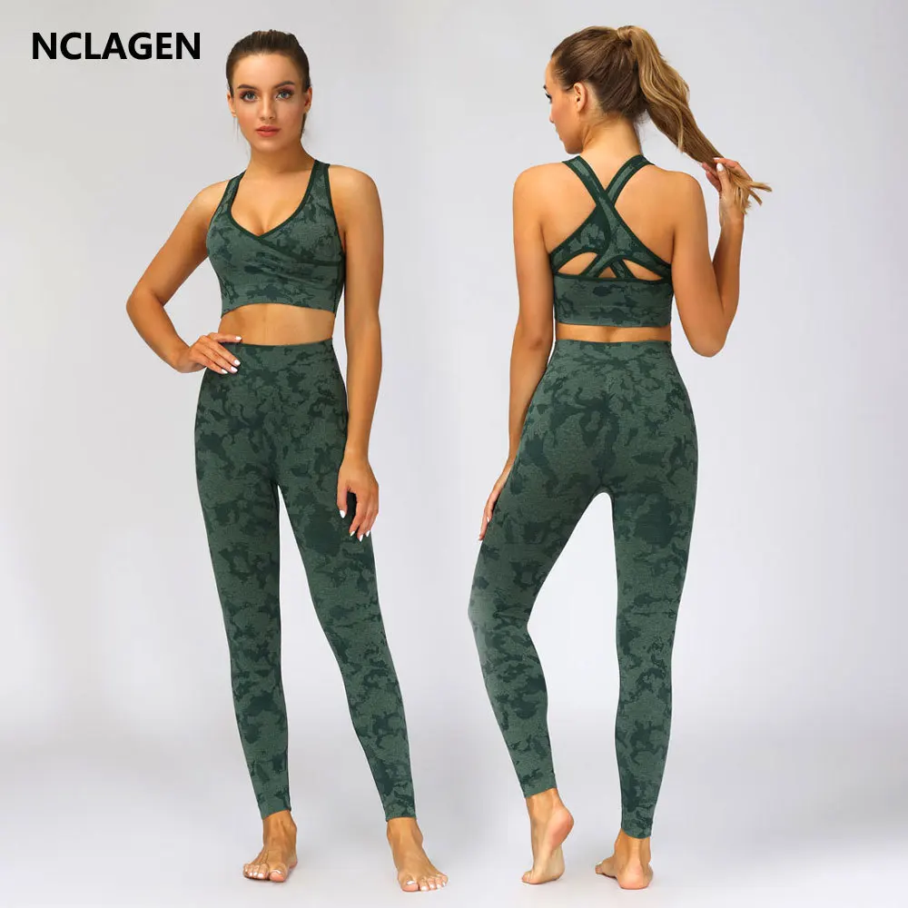 

NCLAGEN Seamless Suit Women Sportwear Camo 2 Piece Yoga Set High Elastic Sport Outfit GYM Leggings And Top Bra Fitness Clothing