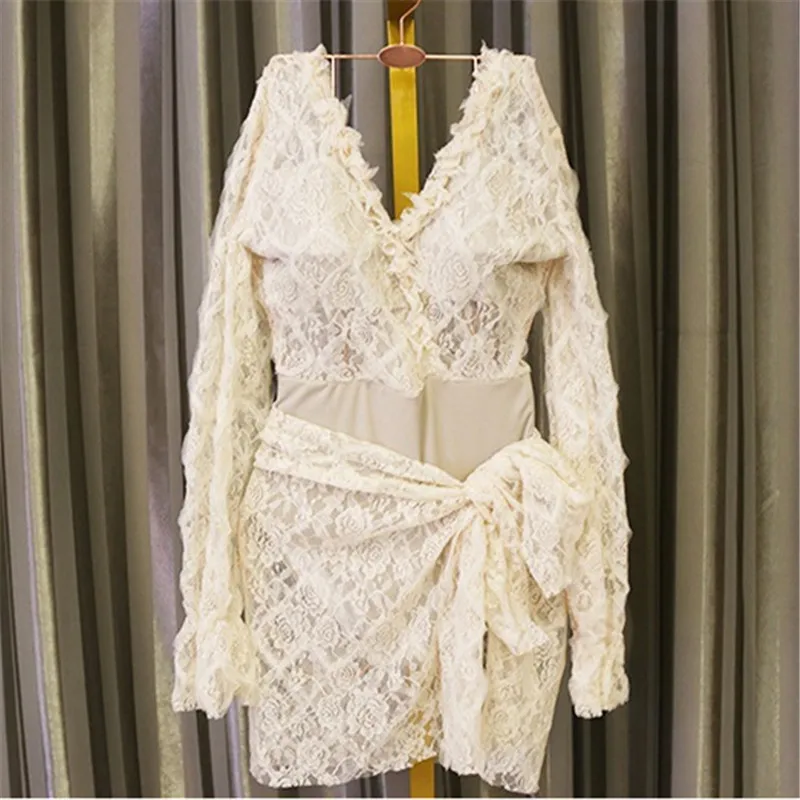 Korea One Piece Swimsuit 2020 Long Sleeve Deep V Backless Lace Swimwear Women Bodysuits Vintage Retro Bathing Suits Beach Wear | Спорт и