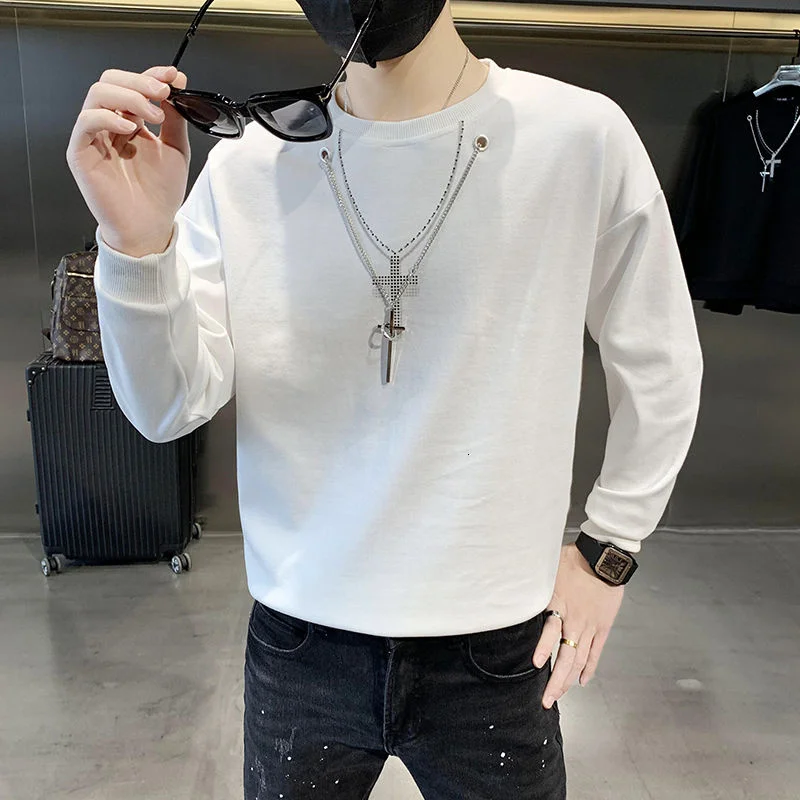 

Men Removable Chain Long Sleeve Loose Bottoming T-shirt Male Women Couple Streetwear Vintage Fashion Tee Shirt Pullover Korean