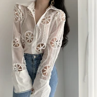 early autumn heavy industry organza embroidery petals blouses fashion women 2021 lapel hollowed temperament shirts