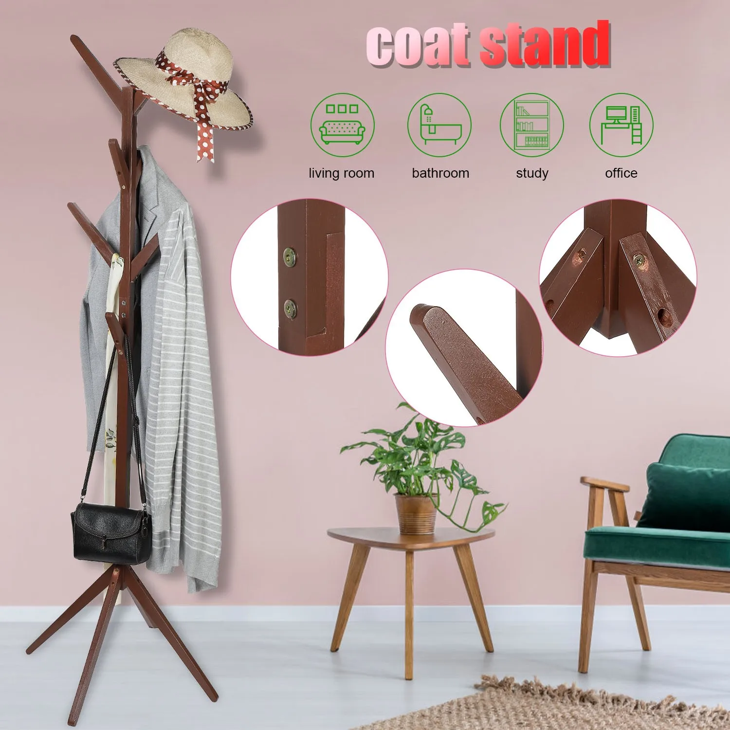 

8 Hooks Wooden Coat Stand Coat/Jacket/Hat/Bag/Floor Standing Strong Load-Bearing Assembled Wood Hangers Hat Coat Display Rack