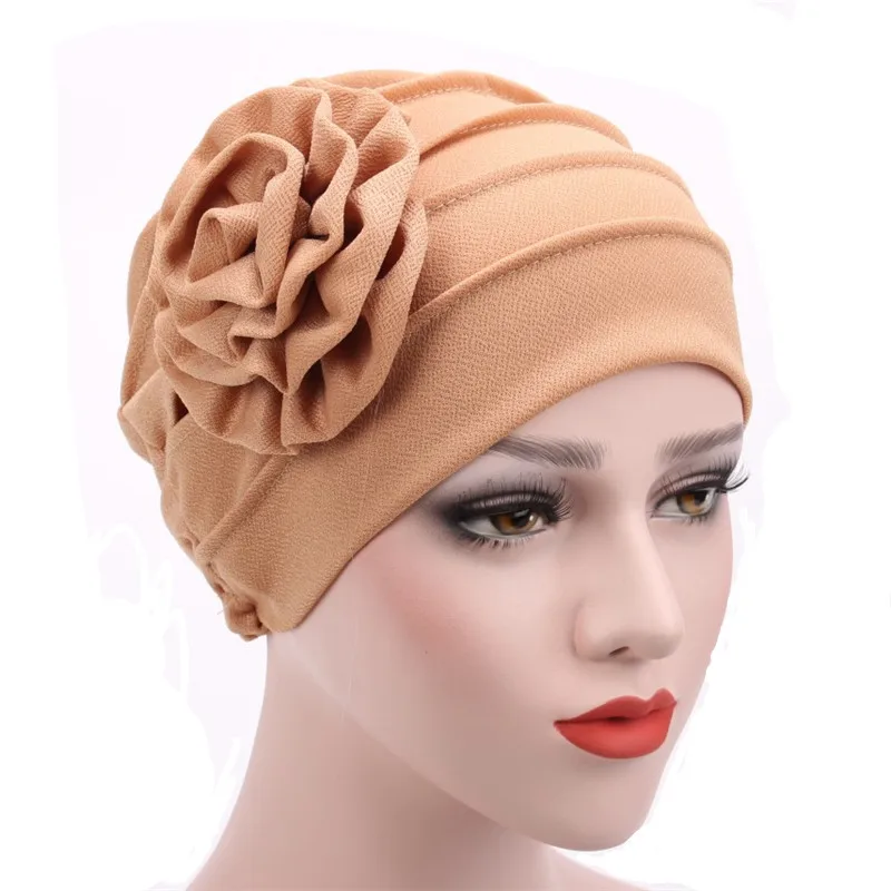 

Fashion Cotton Solid color side of the applique flower scarf hat Muslim head hat cap women postpartum warm hat Turban Head Cap