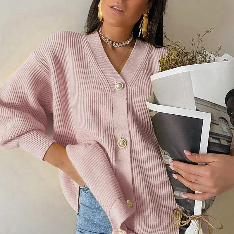 

New Autumn 2020 Medium Tops Long V-Neck Simple and Knit Warm Sweater Outerwear Women's Elegant Clothing Temperament Cardigan