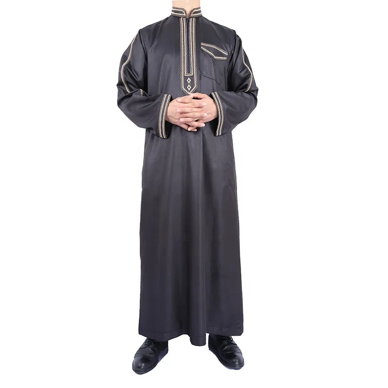 

Men Zipper Qatar Muslim Moroccan Nigerian Style Black Long-Sleeved Stand-Up Collar Plus Size Islamic Arabian Robe Worship Robe