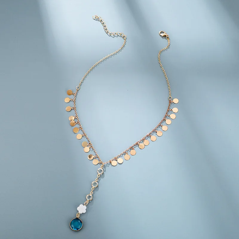 

Bohemian Shiny Rhinestoen Long Chain Pendant Necklace Trendy Pretty Flowers Gold Color Wafer Tassel Jewelry Gift