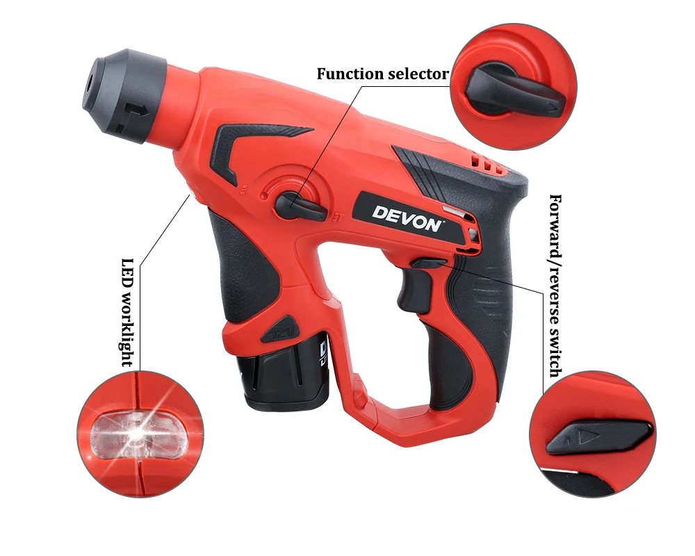 DEVON 12V Аккумуляторный поворотный молоток литий-ионный электрический молоток Ударная дрель шуруповерт профессиональные электроинструменты перезаряжаемый